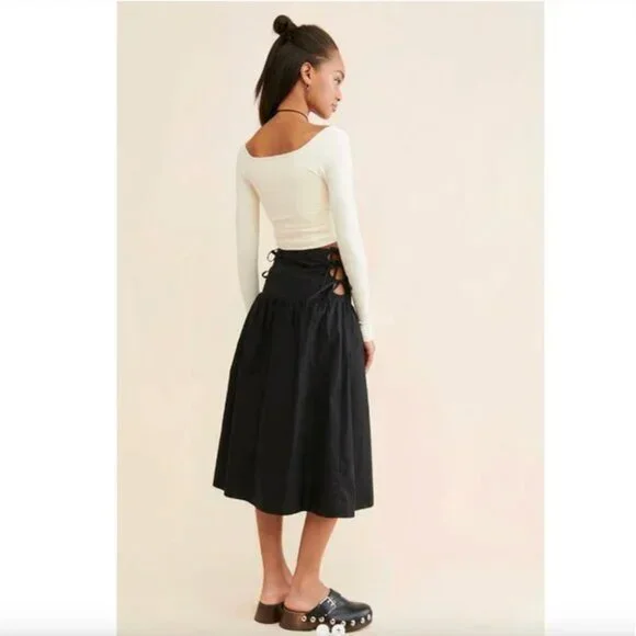 Allina Liu Break Skirt S Onyx Black Midi Tie Sides Lining Cotton Boho - Picture 3 of 7